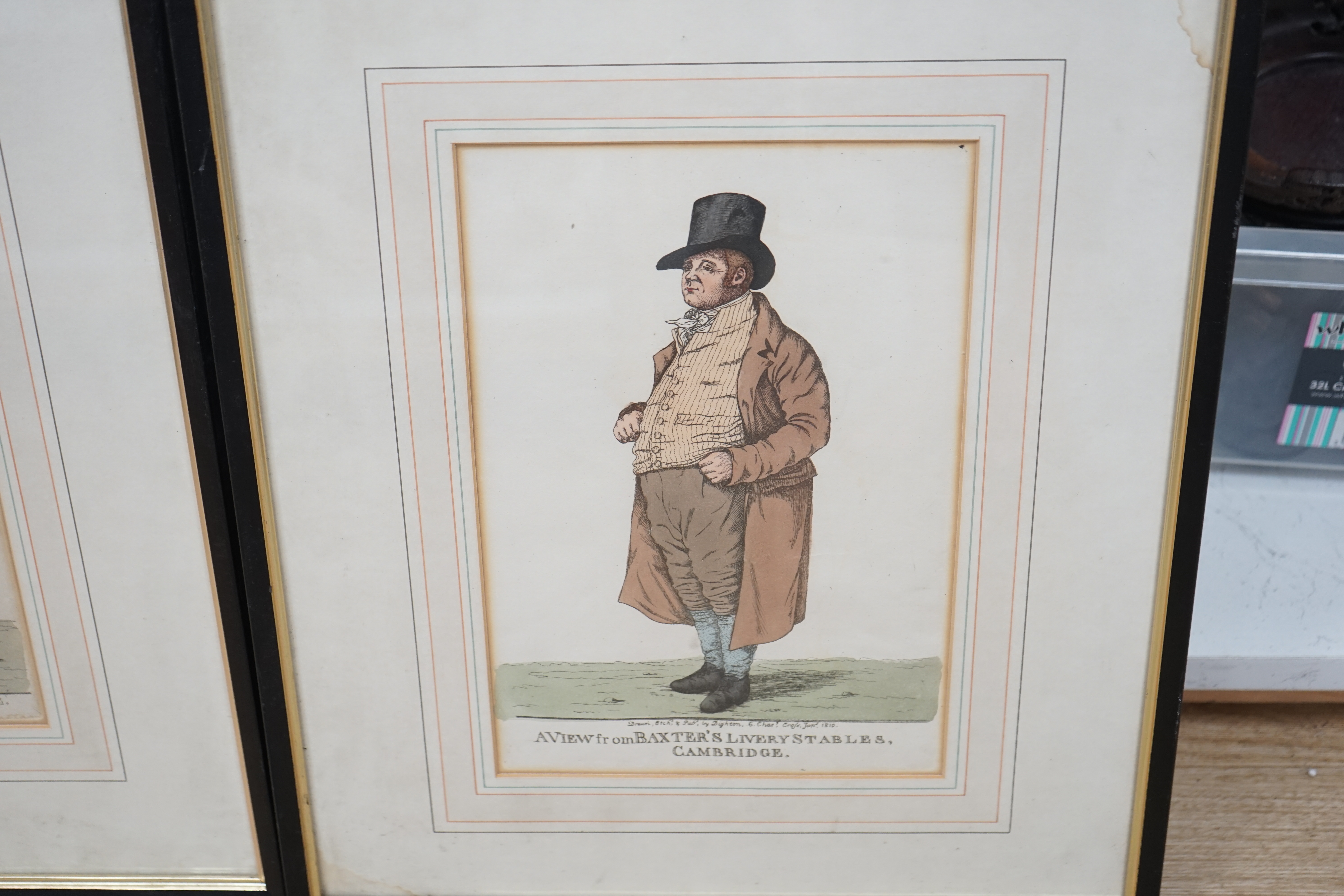 After Robert Dighton (1752-1814), set of three colour etchings, comprising a ‘View from Baxter's Livery Stables, Cambridge’, ‘View of the Telegraph’ and ‘View from Magdalen College’, published 1809 and 1810, details vers